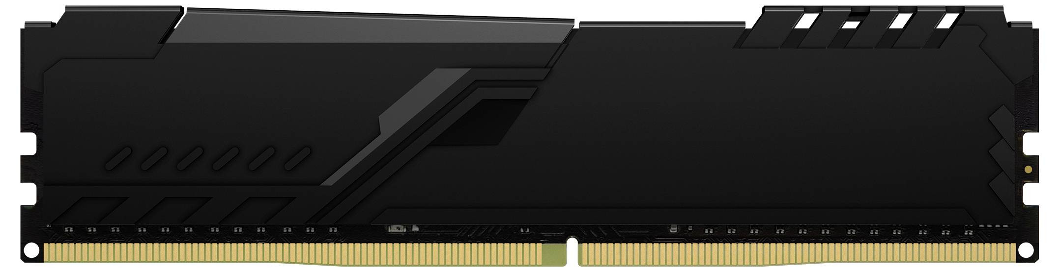 Module de mémoire d'ordinateur noir (RAM) présenté en vue latérale avec broches connecteurs dorées et design de dissipateur thermique angulaire.