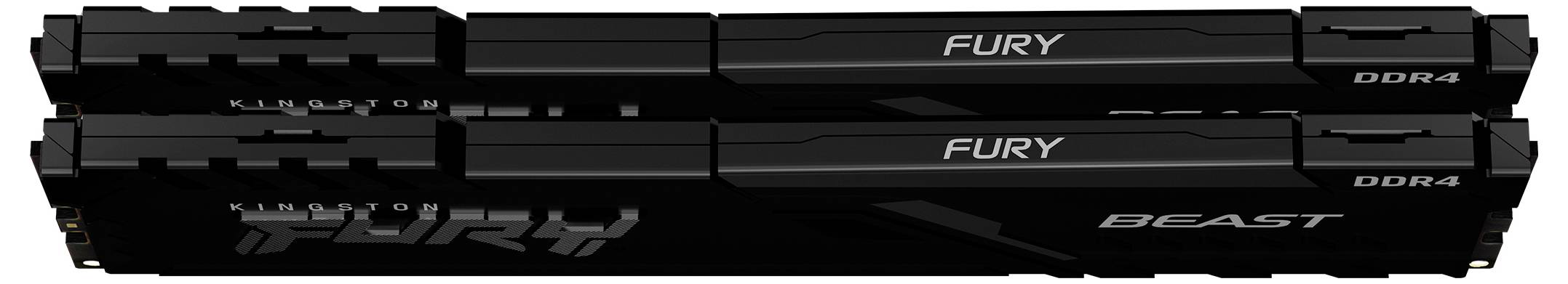 Deux barrettes de RAM DDR4 noires étiquetées « FURY » et « BEAST » avec « DDR4 » sur la droite, affichées empilées horizontalement sur un fond blanc.