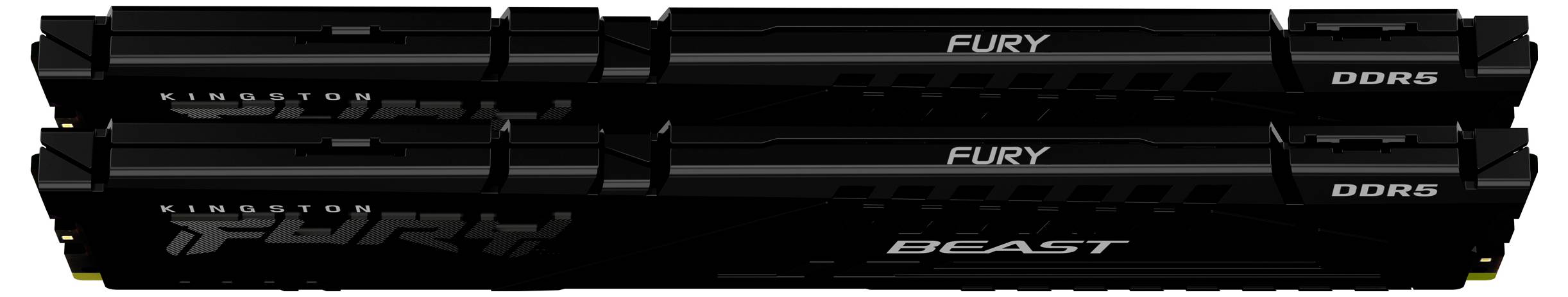 Deux modules de RAM Kingston Fury Beast DDR5 noirs empilés horizontalement, étiquetés FURY, BEAST et DDR5.