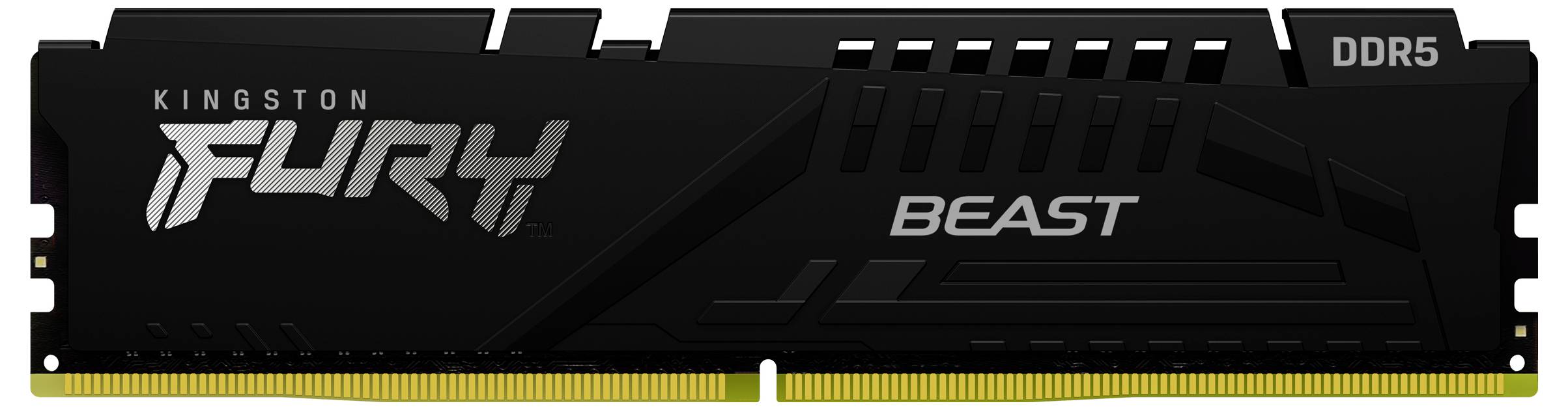 Un module de RAM de bureau Kingston FURY Beast DDR5 noir avec des connecteurs dorés et un dissipateur thermique.
