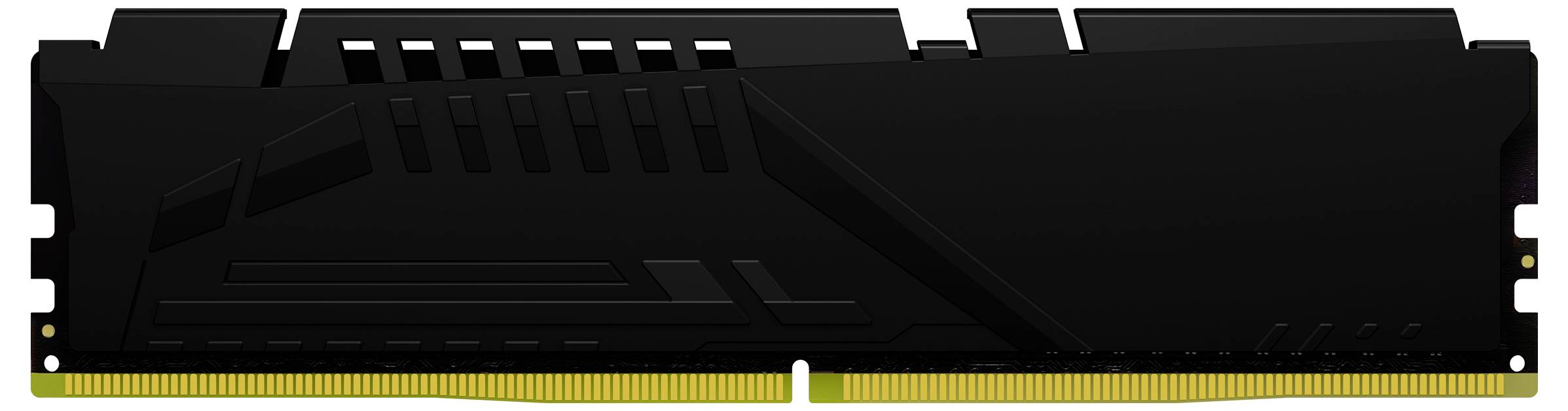 Un module de mémoire RAM de bureau noir avec des broches de connecteur doré, présenté horizontalement sur un fond blanc.