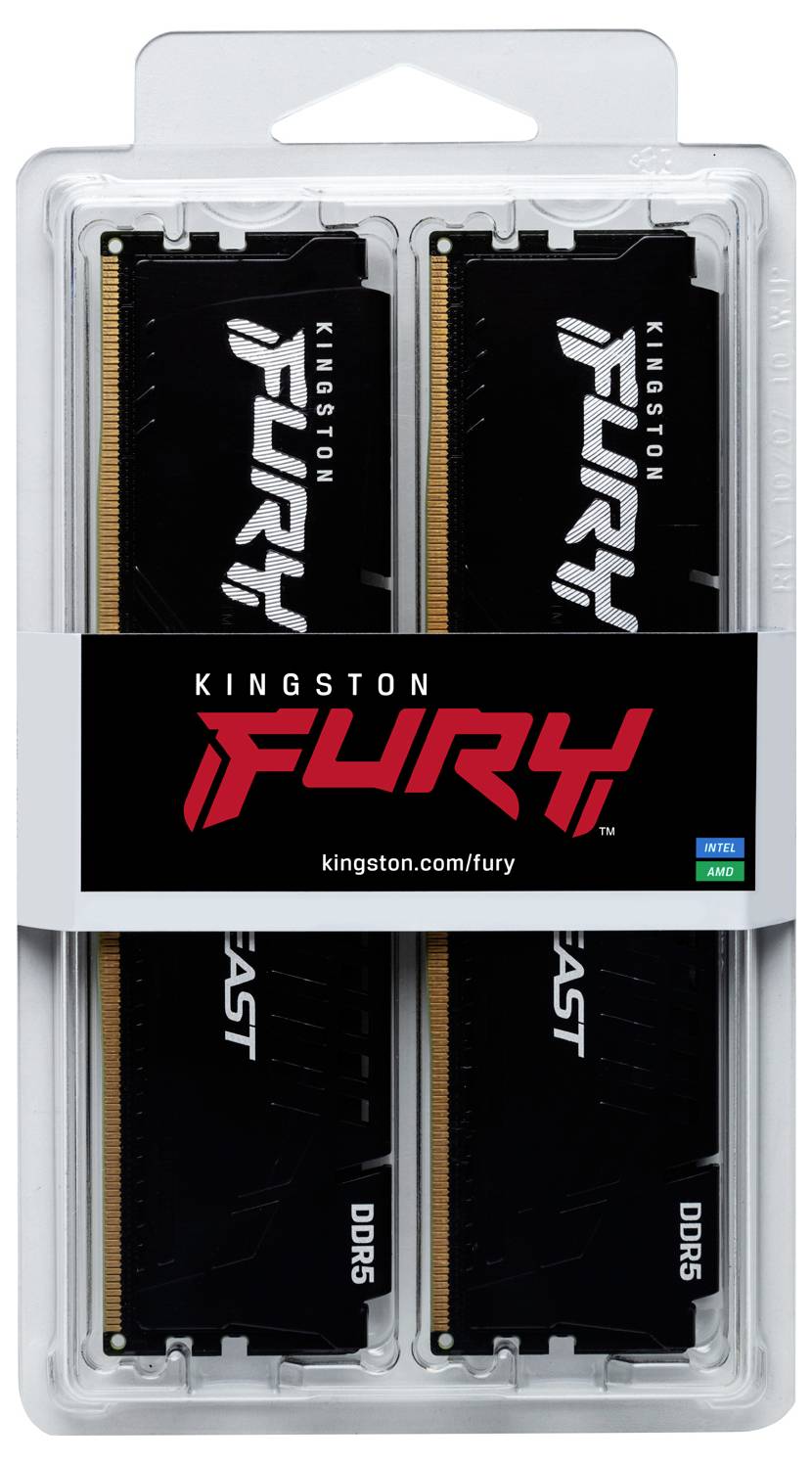 Kit de RAM Kingston Fury pour ordinateur de bureau dans son emballage de vente au détail en plastique, montrant deux modules de mémoire DDR5 noirs.
