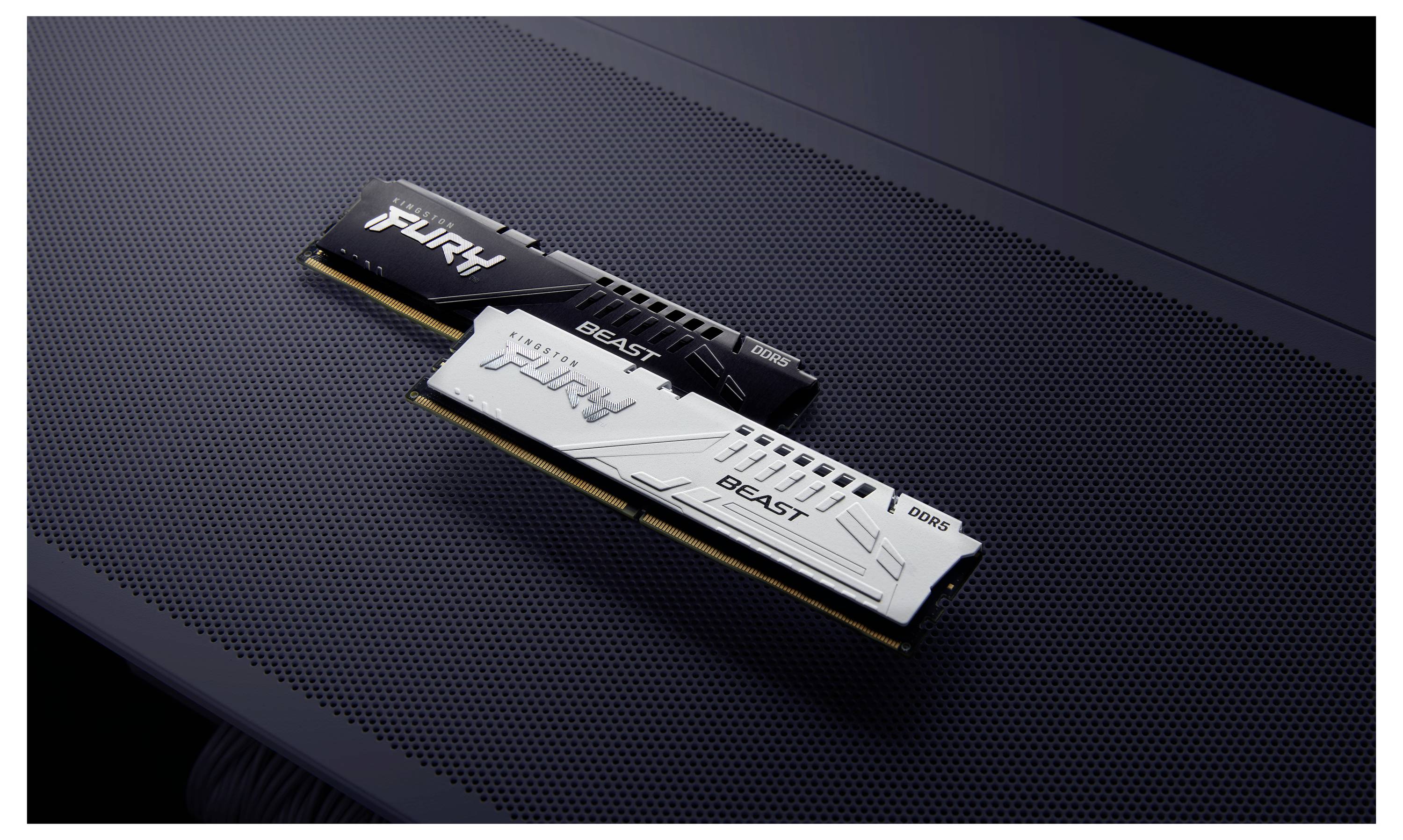 Deux barrettes RAM Fury Beast, l'une noire et l'autre blanche, affichées côte à côte sur une surface perforée foncée.