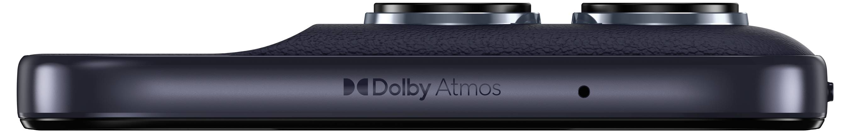 Vue de côté d'un appareil audio sombre ou téléphone avec deux modules surélevés sur le dessus, affichant le logo « Dolby Atmos » sur le boîtier.