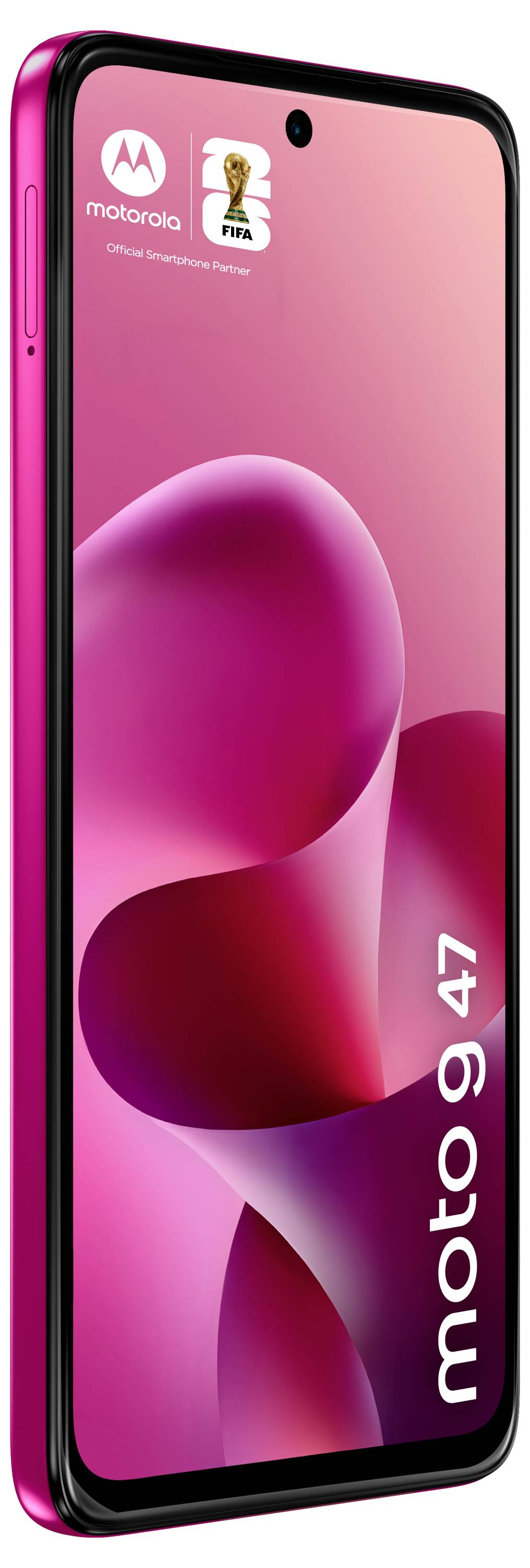 Smartphone Motorola Moto G47 rose présenté de face avec un écran à poinçon et l'image de marque « moto g 47 » sur l'écran.