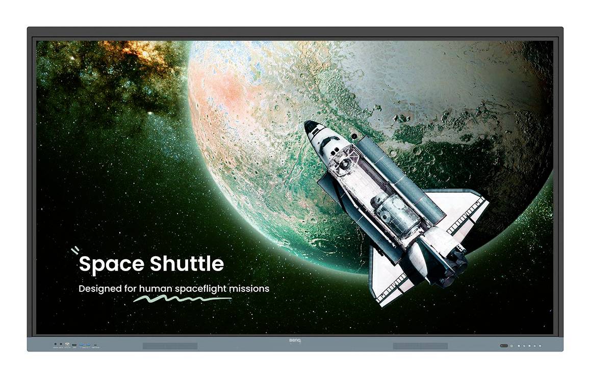 Navette spatiale en orbite autour d'une planète avec le texte « Navette spatiale » et « Conçue pour les missions de vol spatial habité » sur un écran de présentation.