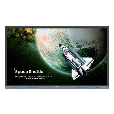 Navette spatiale en orbite autour d'une planète avec le texte « Navette spatiale » et « Conçue pour les missions de vol spatial habité » sur un écran de présentation.