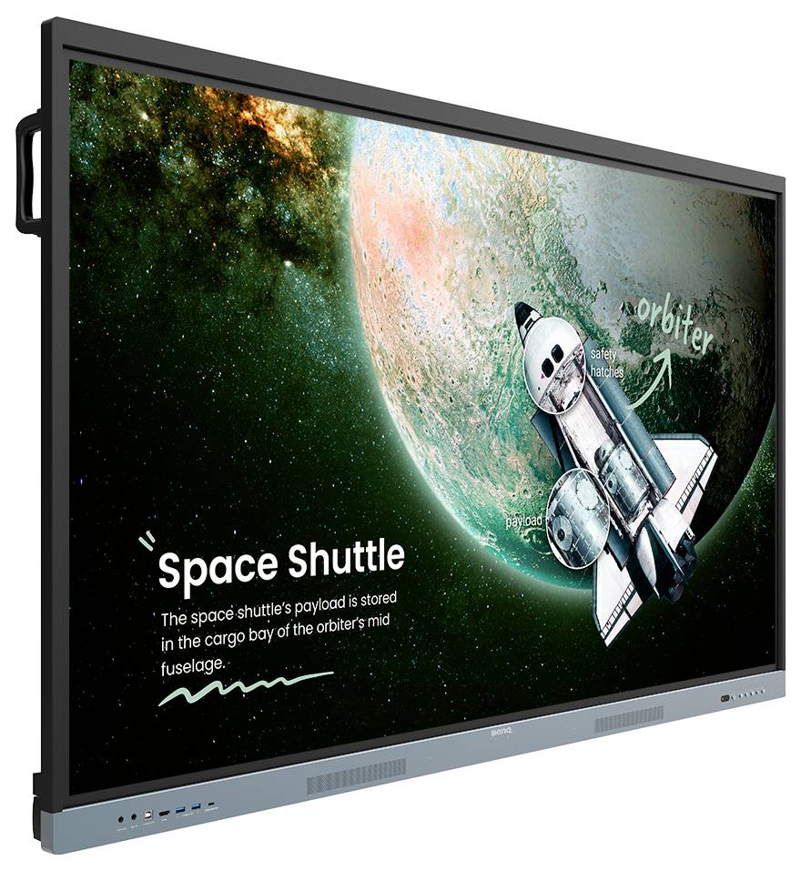 Affichage de profil d'un écran numérique montrant une illustration de « Navette Spatiale » avec des étiquettes d'orbite et du texte de stockage de charge utile sur un fond spatial.