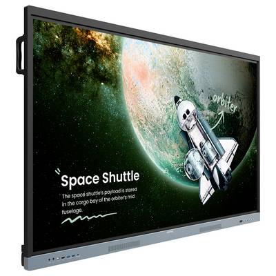 Affichage de profil d'un écran numérique montrant une illustration de « Navette Spatiale » avec des étiquettes d'orbite et du texte de stockage de charge utile sur un fond spatial.