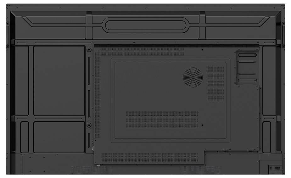 Vue arrière d'un téléviseur à écran plat noir montrant le panneau arrière, la zone de montage, la ventilation et les ports de connexion sur le côté droit.