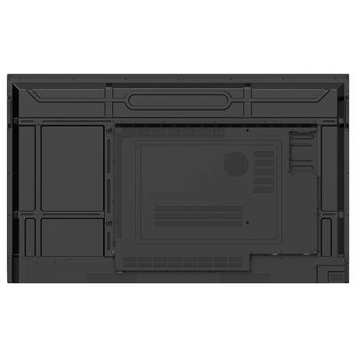 Vue arrière d'un téléviseur à écran plat noir montrant le panneau arrière, la zone de montage, la ventilation et les ports de connexion sur le côté droit.