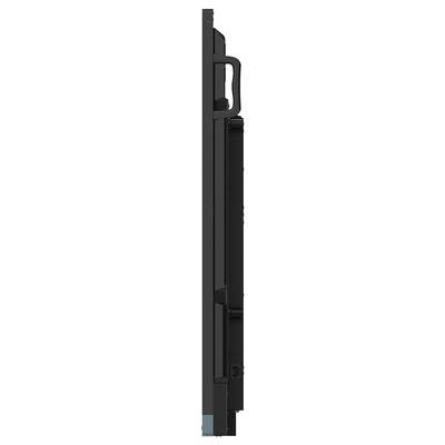 Vue latérale d'un écran d'ordinateur portable ou de moniteur noir maintenu dans un support, montrant un profil mince et une charnière sur un fond blanc.