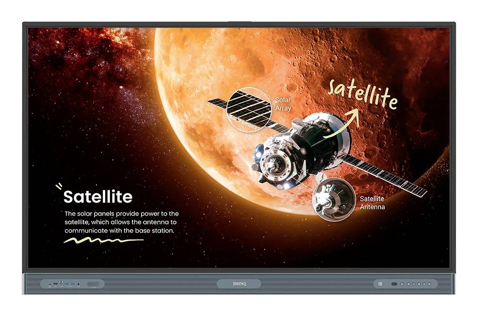 Illustration d'un satellite avec des panneaux solaires et une antenne en orbite près d'une planète, étiquetés « Satellite », « Panneau solaire » et « Antenne satellite ».