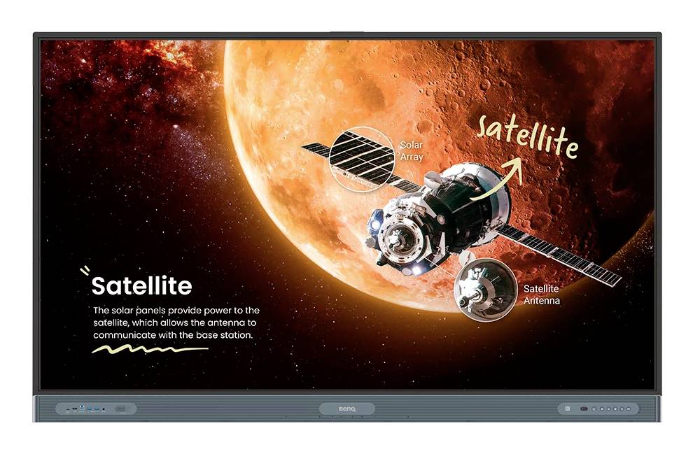 Illustration d'un satellite près d'une planète rouge, étiqueté avec un réseau solaire et une antenne de satellite, expliquant que les panneaux solaires alimentent l'antenne pour la communication avec une station de base.