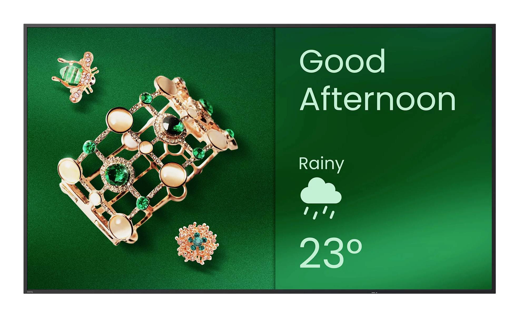 Annonce à écran divisé vert avec des bijoux sur la gauche et une salutation météorologique sur la droite : « Bon Après-midi », icône de pluie et 23°.