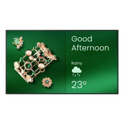 Annonce à écran divisé vert avec des bijoux sur la gauche et une salutation météorologique sur la droite : « Bon Après-midi », icône de pluie et 23°.