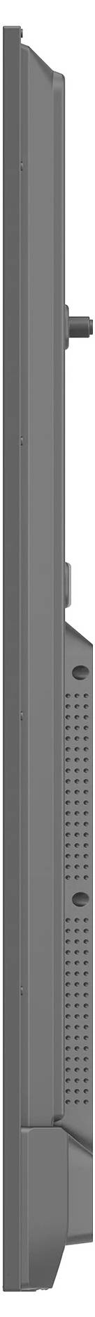 Vue latérale d'un écran plat ou moniteur à fin cadre gris, montrant le profil de l'appareil et les trous de ventilation arrière.