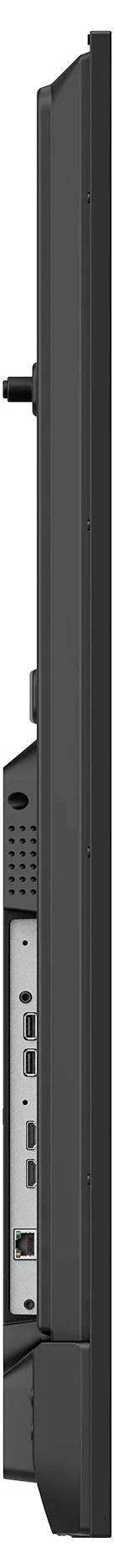 Vue latérale d'un panneau industriel noir ou moniteur avec un port connecteur monté et un panneau latéral aéré.
