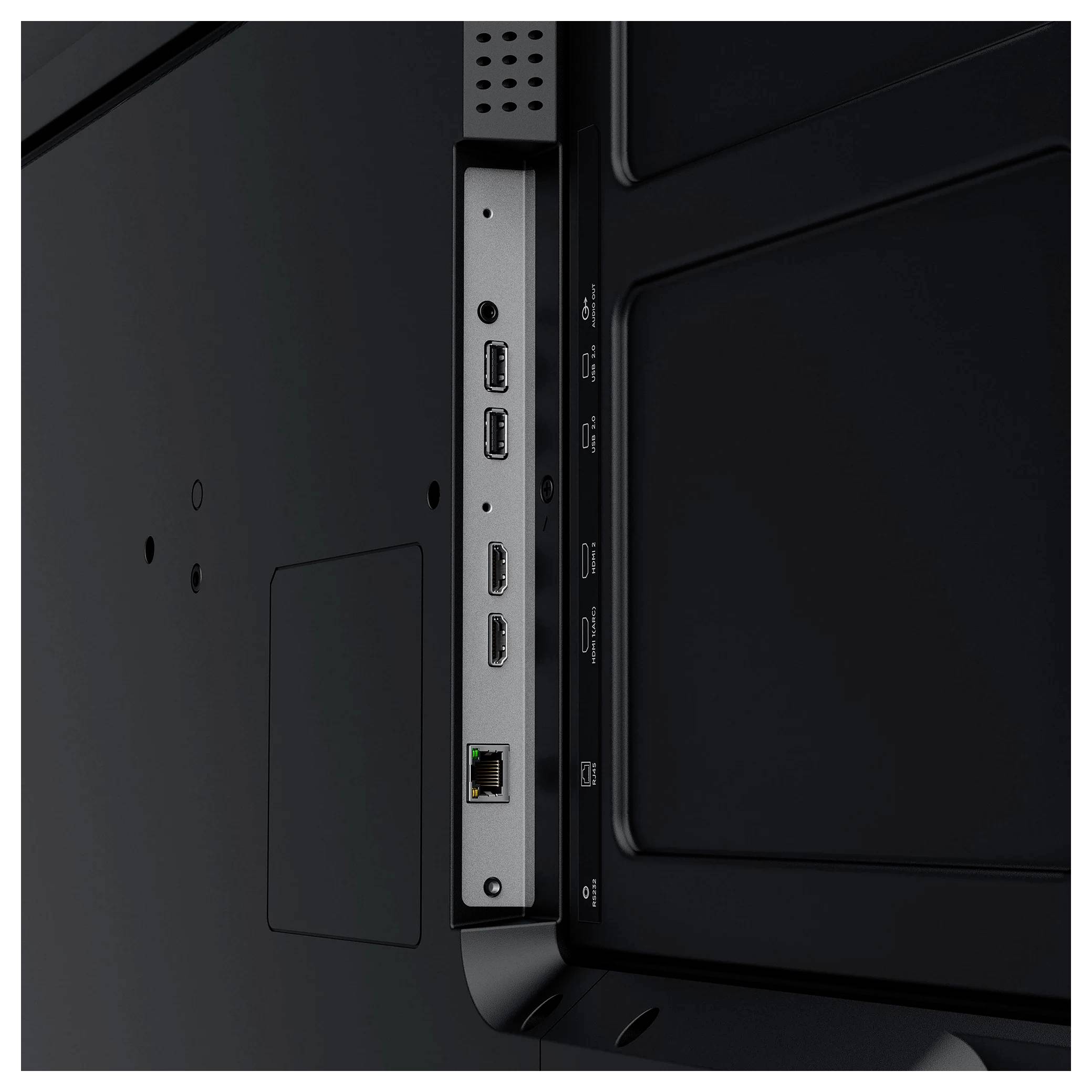 Gros plan du panneau d'entrée latéral d'un téléviseur montrant deux ports USB, deux ports HDMI et un port Ethernet sur un panneau arrière noir.