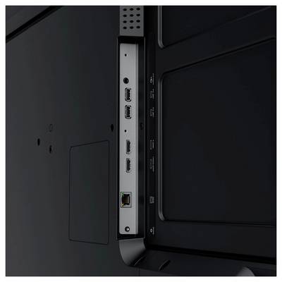 Gros plan du panneau d'entrée latéral d'un téléviseur montrant deux ports USB, deux ports HDMI et un port Ethernet sur un panneau arrière noir.