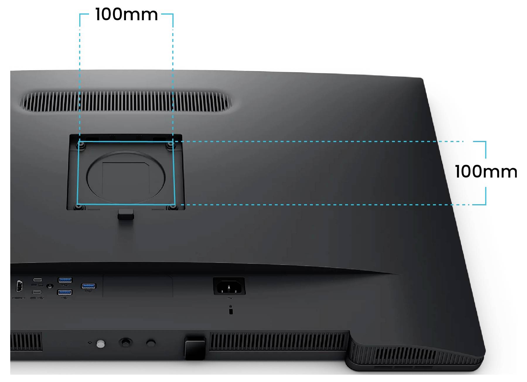 Vue arrière d'un moniteur noir montrant une zone de montage VESA de 100 mm x 100 mm centrée marquée avec des lignes de mesure en pointillés.