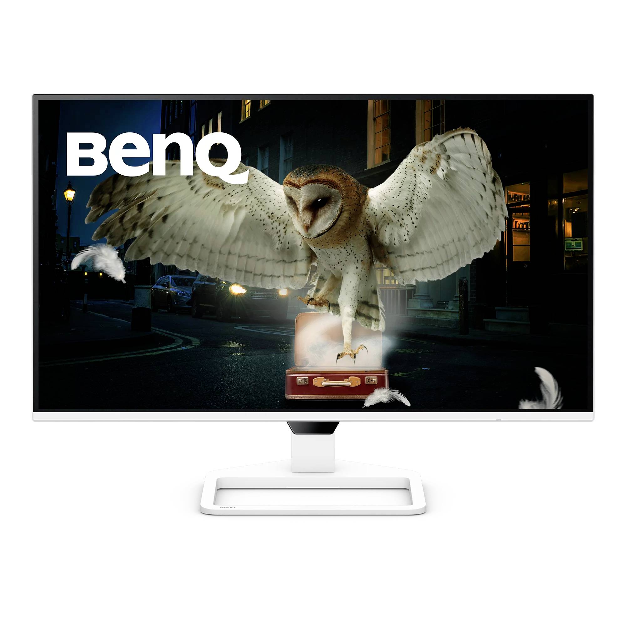 Moniteur BenQ affichant un hibou aux ailes déployées au-dessus d'une scène de rue urbaine sombre, avec le logo BenQ dans le coin supérieur gauche.