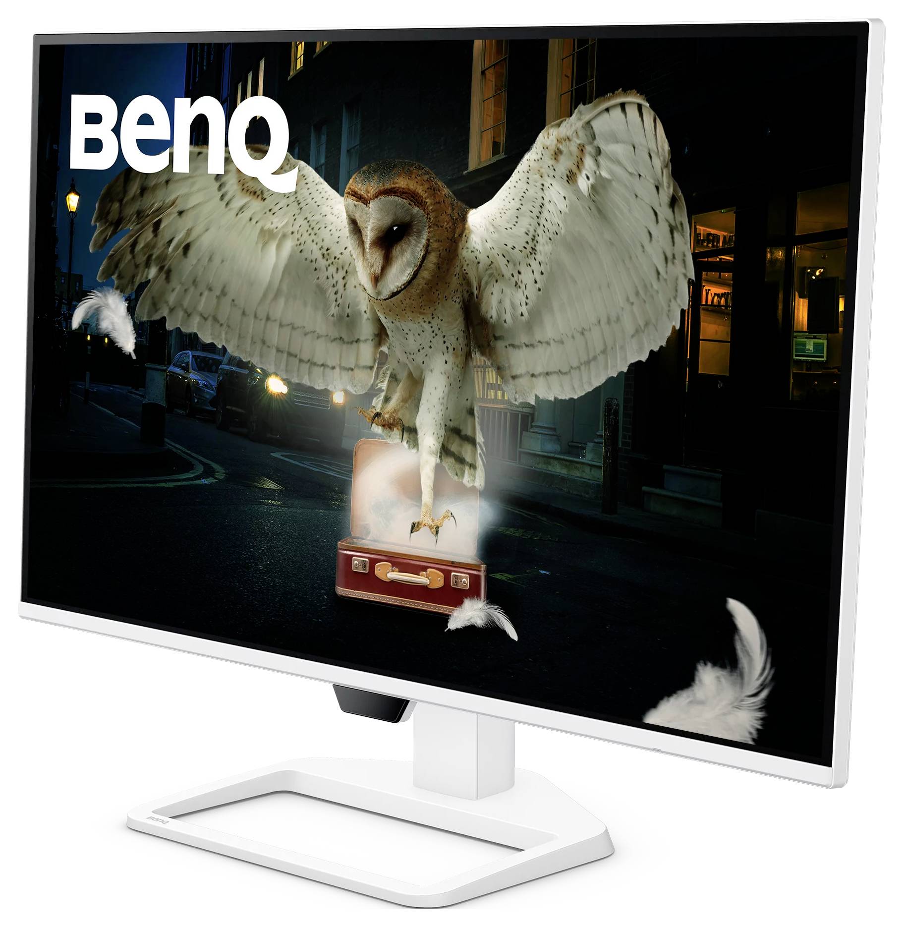 Un moniteur BenQ affichant un hibou des granges avec les ailes déployées au-dessus d'une rue de ville la nuit, avec le logo BenQ dans le coin supérieur gauche.