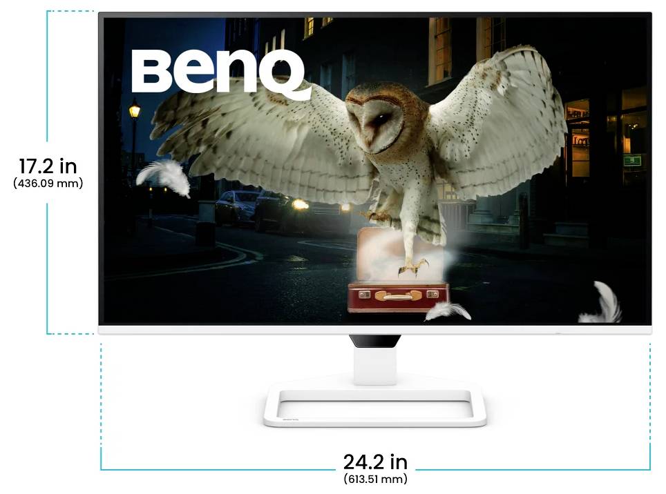 Moniteur BenQ montré de face avec une photo d'un hibou en vol sur l'écran ; dimensions indiquées 17,2 pouces de hauteur et 24,2 pouces de largeur.