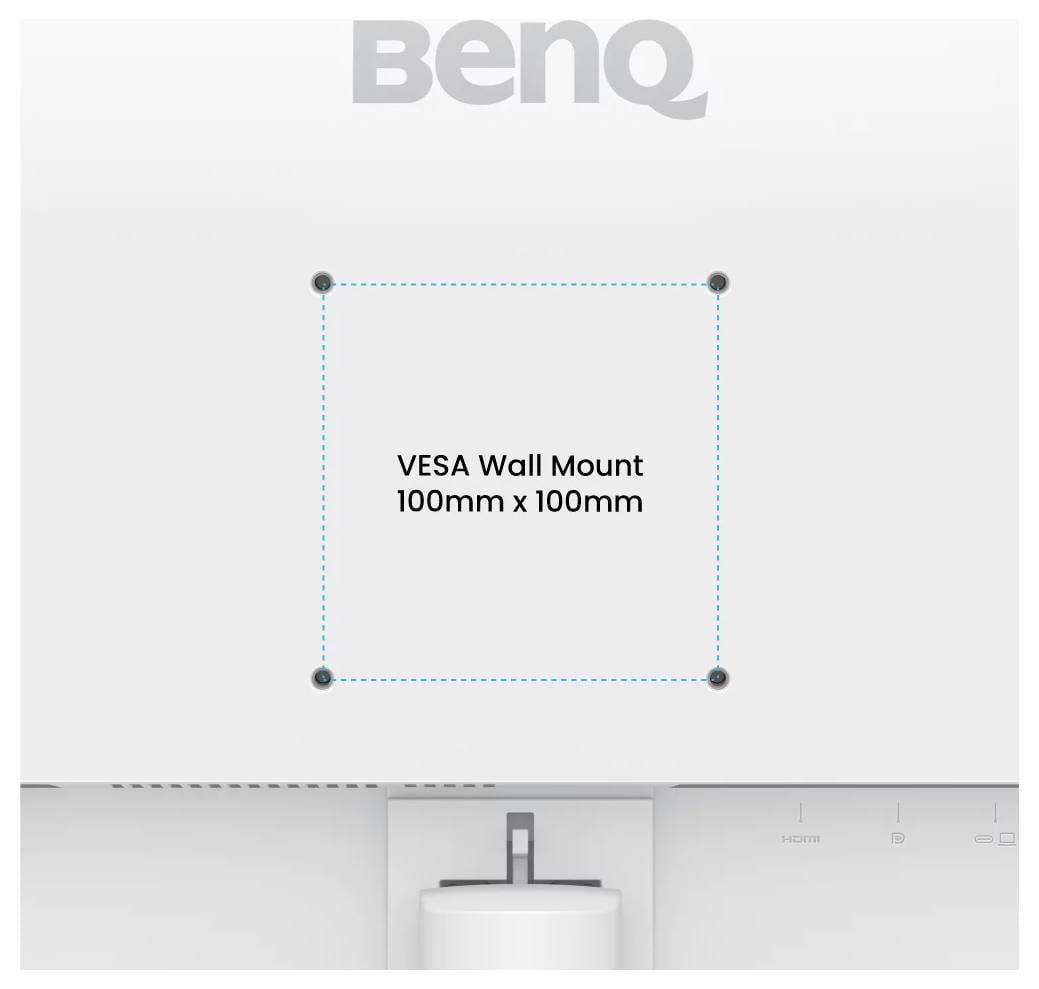 Affichage BenQ montrant la compatibilité du support mural VESA, motif de montage 100mm x 100mm mis en évidence avec un carré pointillé.