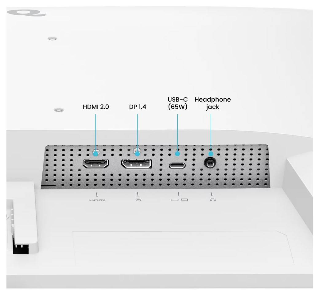 Vue arrière d'un moniteur montrant des ports étiquetés : HDMI 2.0, DP 1.4, USB-C 65W et une prise casque.