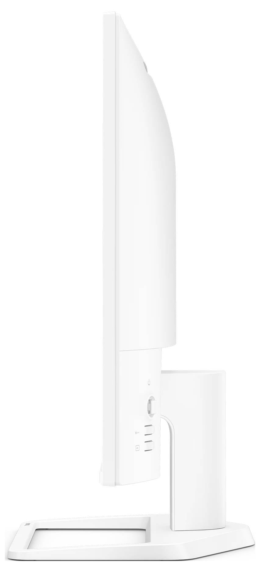 Ordinateur de bureau tout-en-un blanc présenté en vue latérale sur un support, avec un moniteur fin, un boîtier arrière et une base rectangulaire.