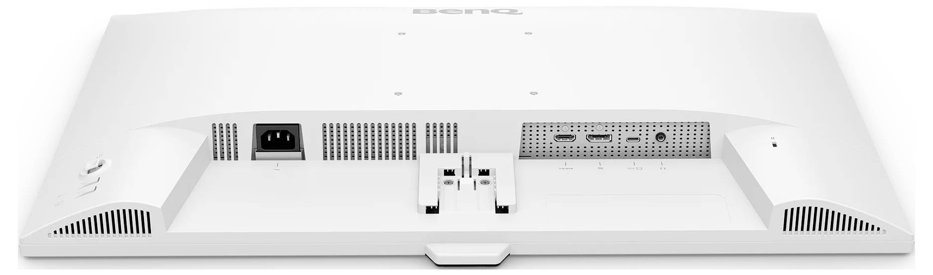 Vue arrière d'un moniteur à écran plat blanc montrant l'alimentation, les ports et les fentes de ventilation sur le panneau arrière.