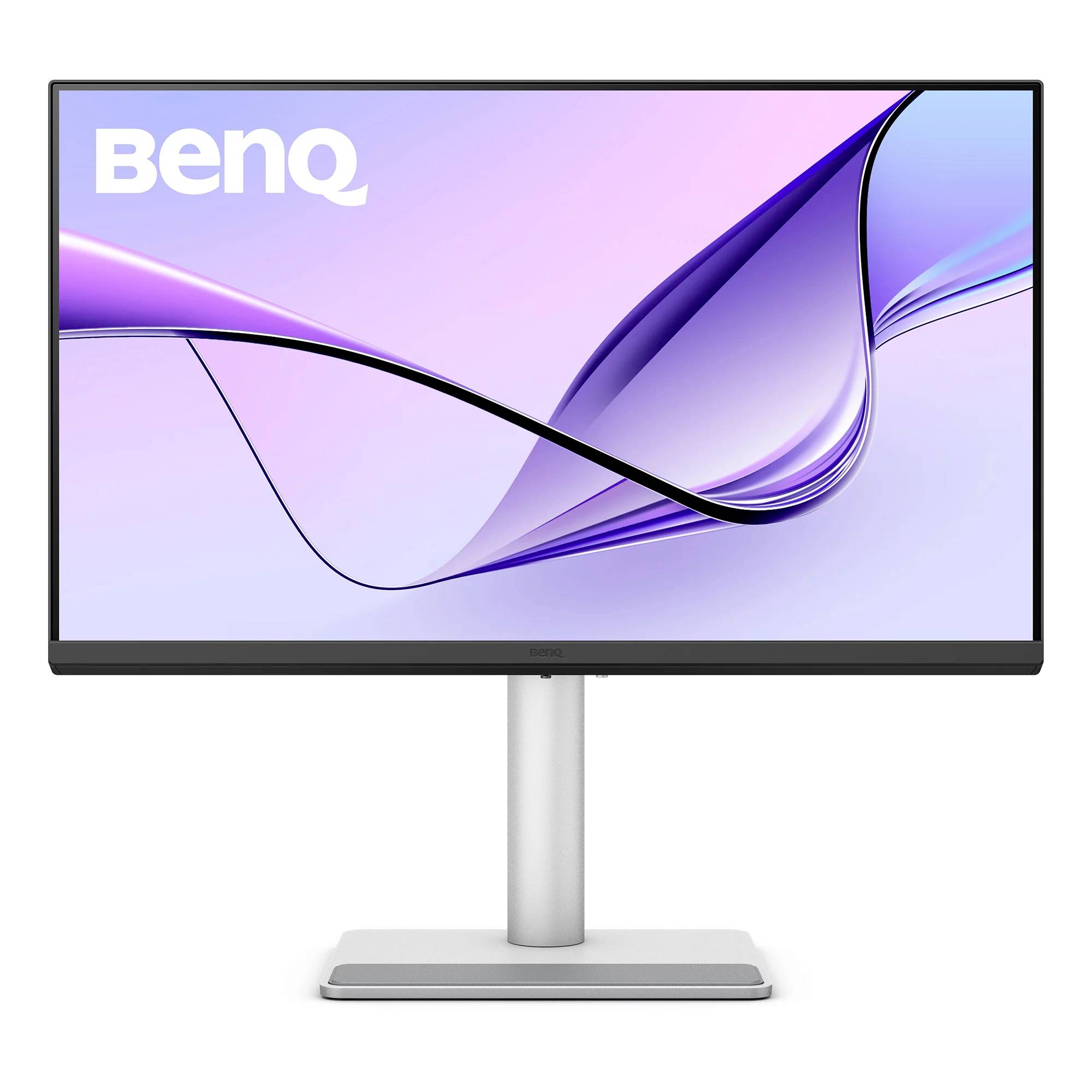 Moniteur informatique BenQ sur un pied argenté, affichant un fond d'écran abstrait de vague violette.