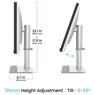Vue latérale d'un diagramme d'un moniteur sur un support montrant un ajustement de hauteur de 115 mm et une inclinaison de -5° à 20°, avec des dimensions de 22,1 po, 17,5 po et 8,7 po.