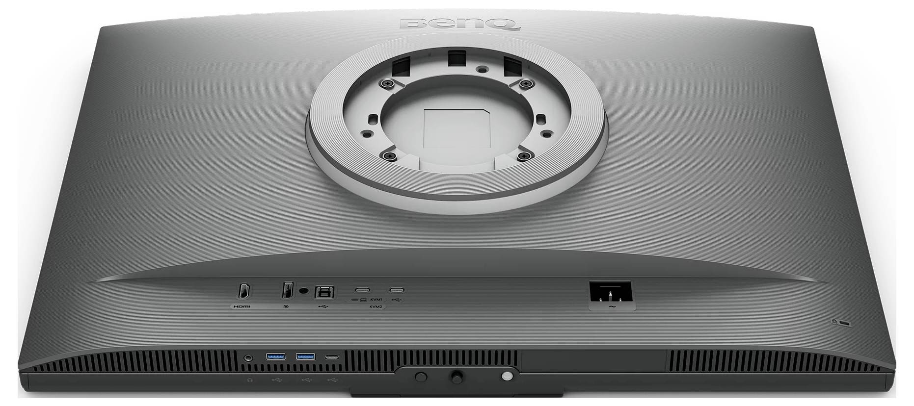 Vue arrière d'un moniteur BenQ avec une zone de fixation VESA circulaire, des ports et des fentes de ventilation visibles.