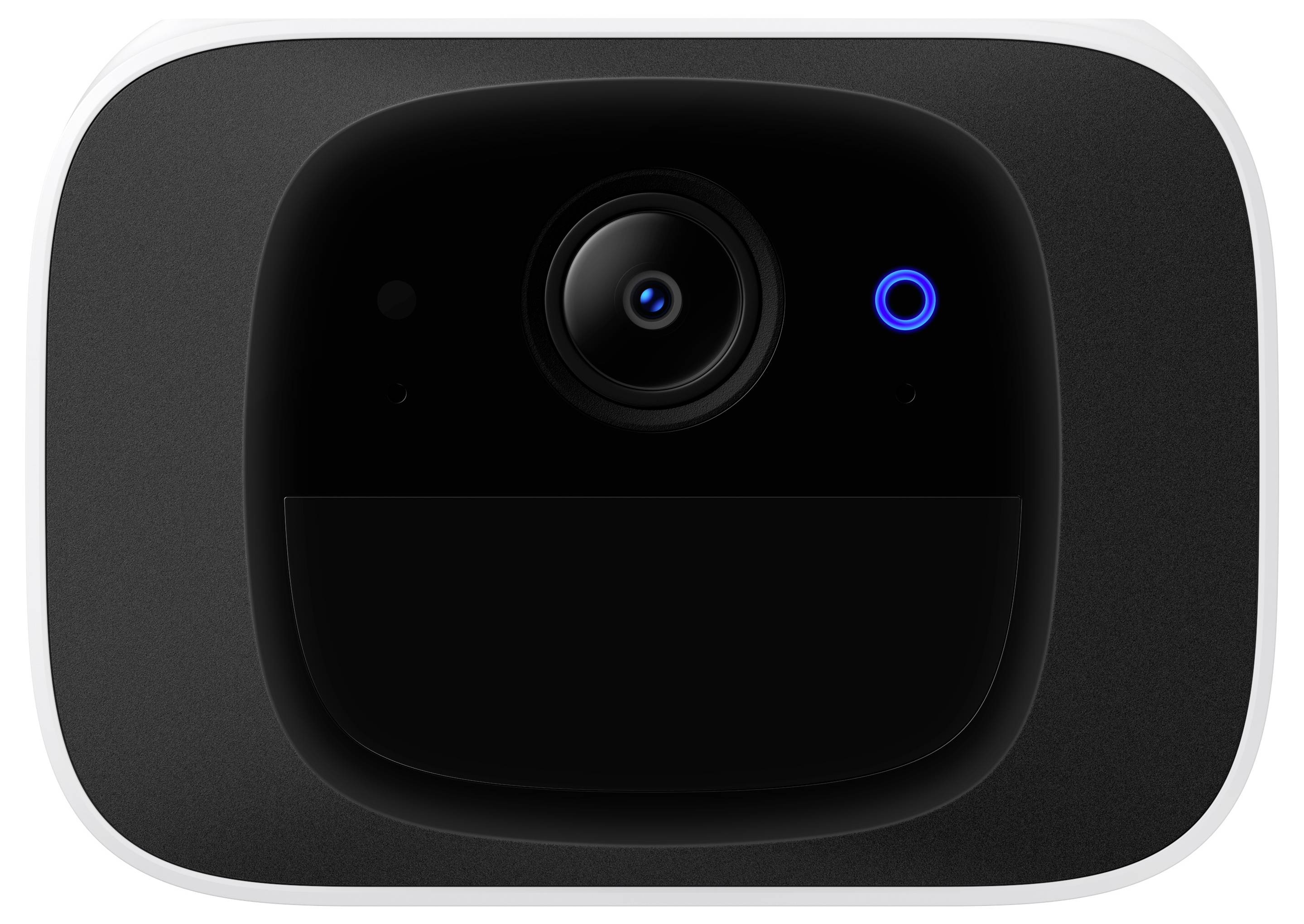 Caméra de sécurité noire orientée vers l'avant avec objectif central et voyant de statut bleu dans un boîtier carré arrondi.