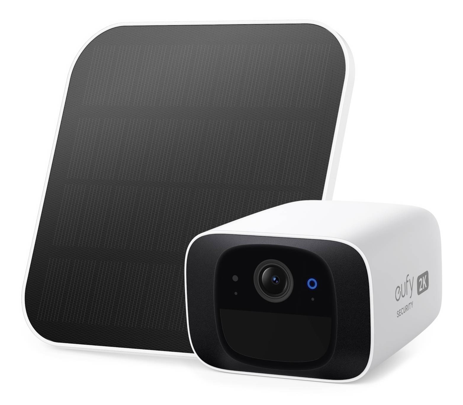 Caméra de sécurité alimentée par énergie solaire avec panneau rectangulaire noir et unité de caméra extérieure blanche étiquetée « eufy 2K ».