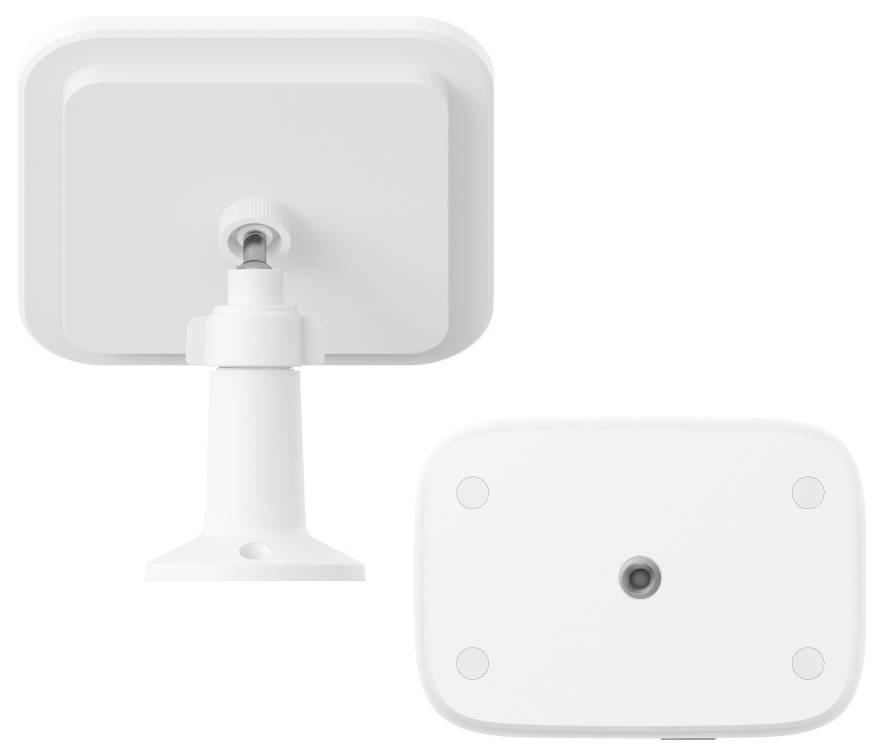 Vue arrière blanche d'un dispositif sans fil rectangulaire ou support de moniteur, montrant une charnière de montage centrale et une base avec une vue de panneau arrière séparé ci-dessous.