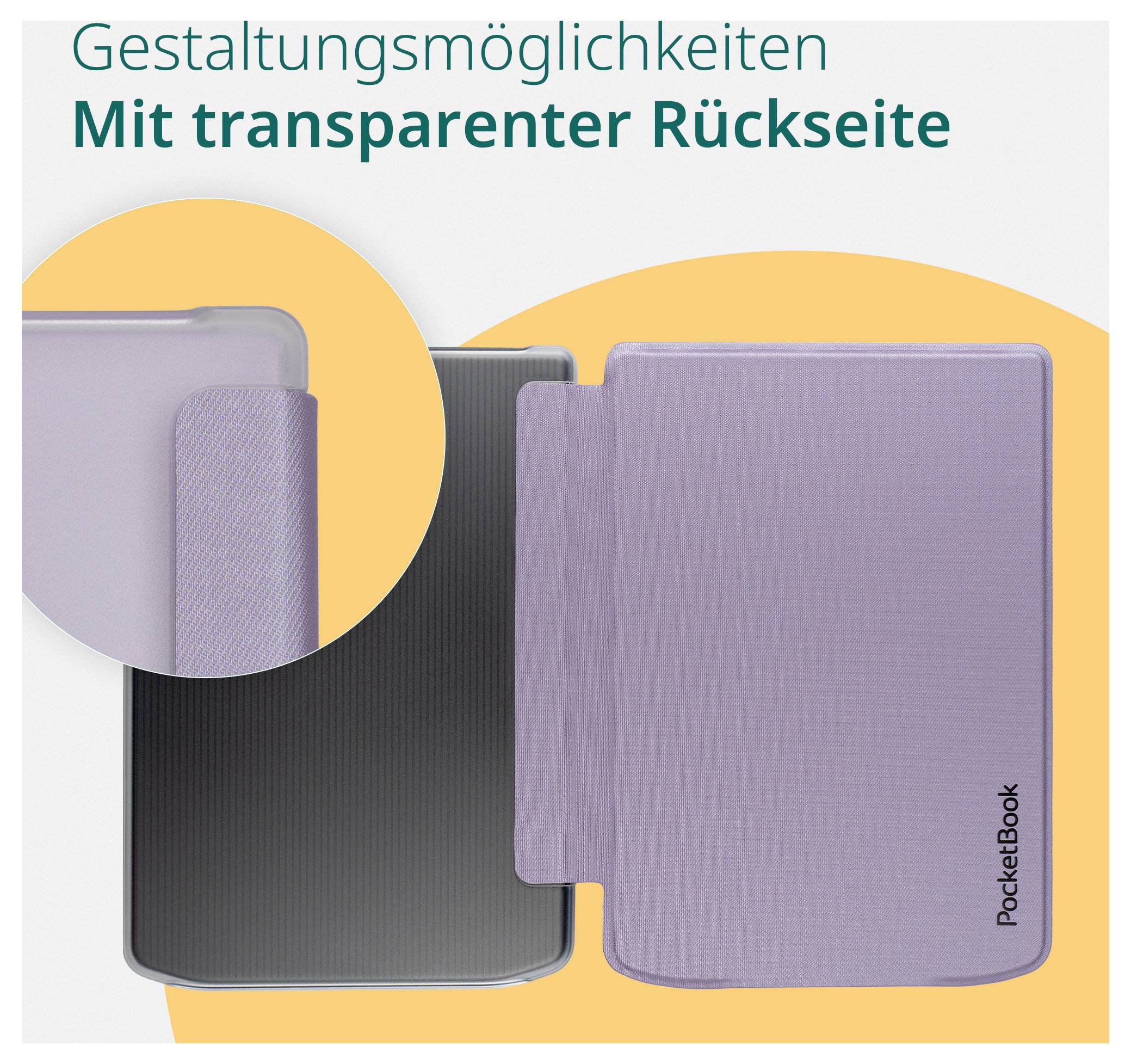 Graphique promotionnel allemand montrant deux liseuses PocketBook avec des couvercles arrière transparents, intitulé « Gestaltungsmöglichkeiten » et « Mit transparenter Rückseite ».