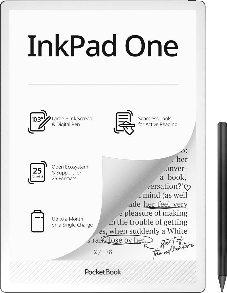 Liseuse PocketBook InkPad One avec stylet, affichant un grand écran E Ink, support du stylo numérique, outils de lecture active et autonomie de batterie jusqu'à un mois.