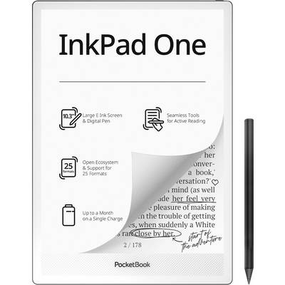 Liseuse PocketBook InkPad One avec stylet, affichant un grand écran E Ink, support du stylo numérique, outils de lecture active et autonomie de batterie jusqu'à un mois.