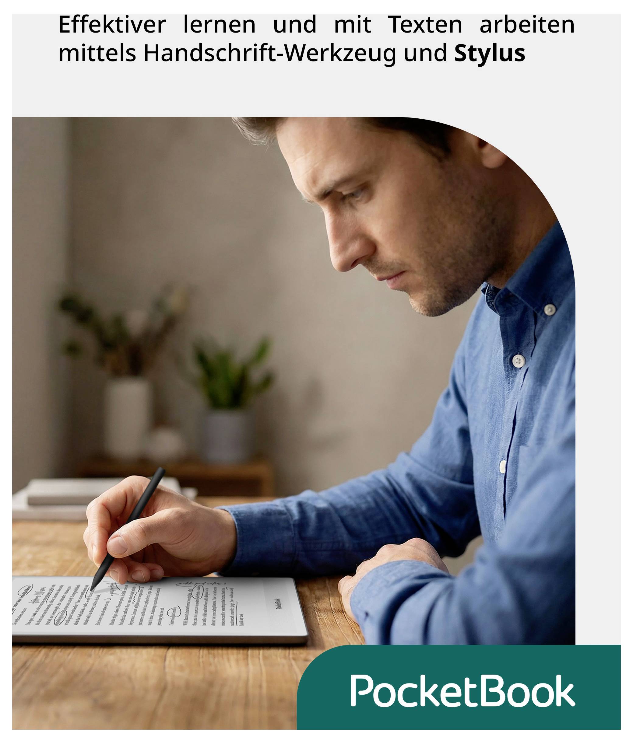 L'homme utilise un stylet pour annoter du texte sur une tablette ; le titre allemand promeut l'apprentissage et le travail avec des notes manuscrites. Le logo PocketBook est affiché.