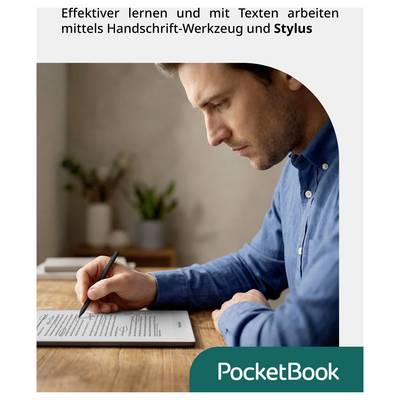 Un homme tient une liseuse PocketBook, avec un agrandissement montrant le design ergonomique de sa housse antidérapante et son bouton latéral pour une prise sécurisée.