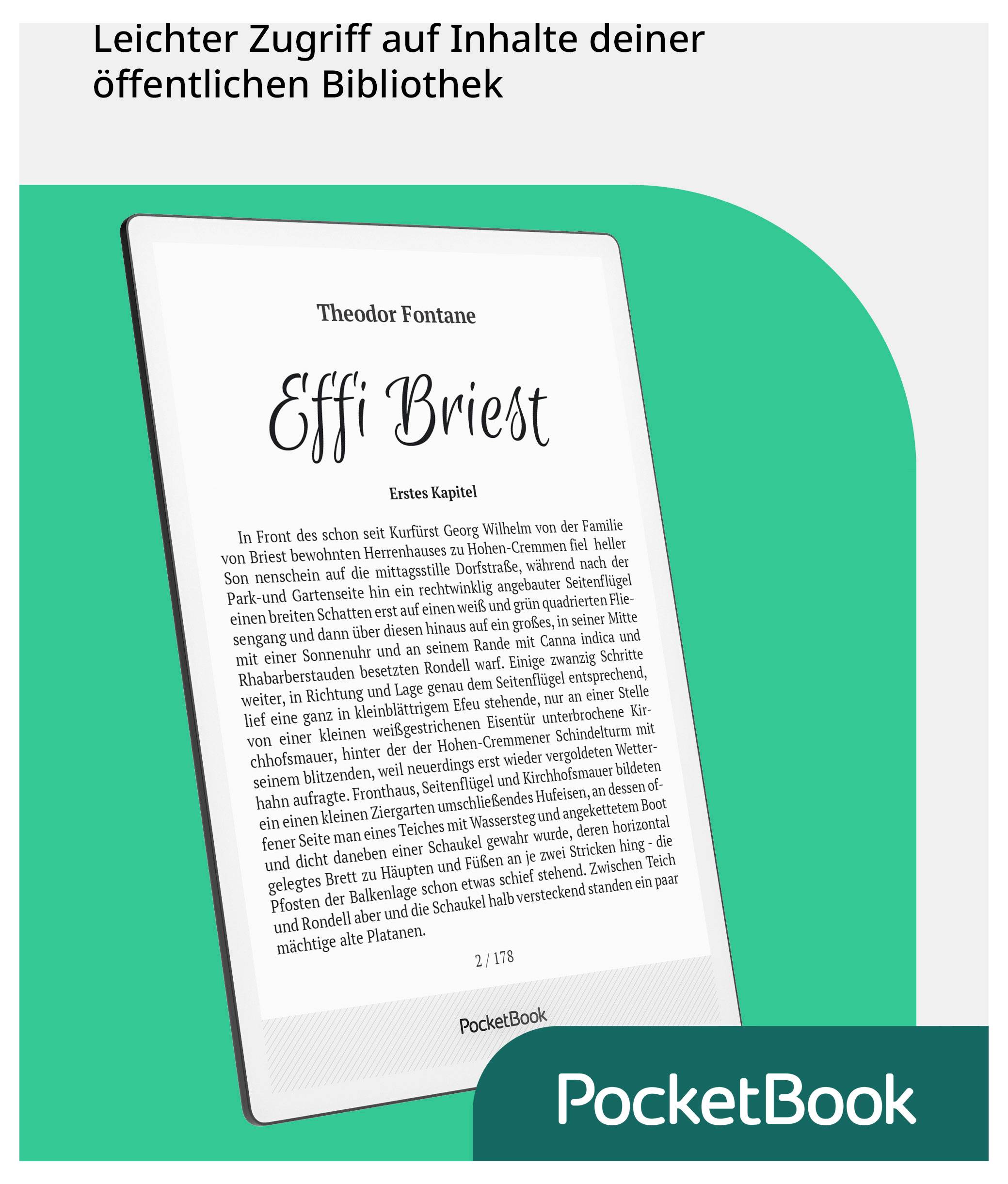 Liseuse PocketBook affichant « Effi Briest » sous le titre allemand « Leichter Zugriff auf Inhalte deiner öffentlichen Bibliothek » sur un fond promotionnel vert.