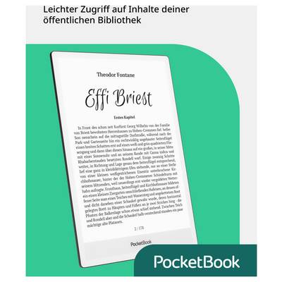 Liseuse PocketBook affichant « Effi Briest » sous le titre allemand « Leichter Zugriff auf Inhalte deiner öffentlichen Bibliothek » sur un fond promotionnel vert.