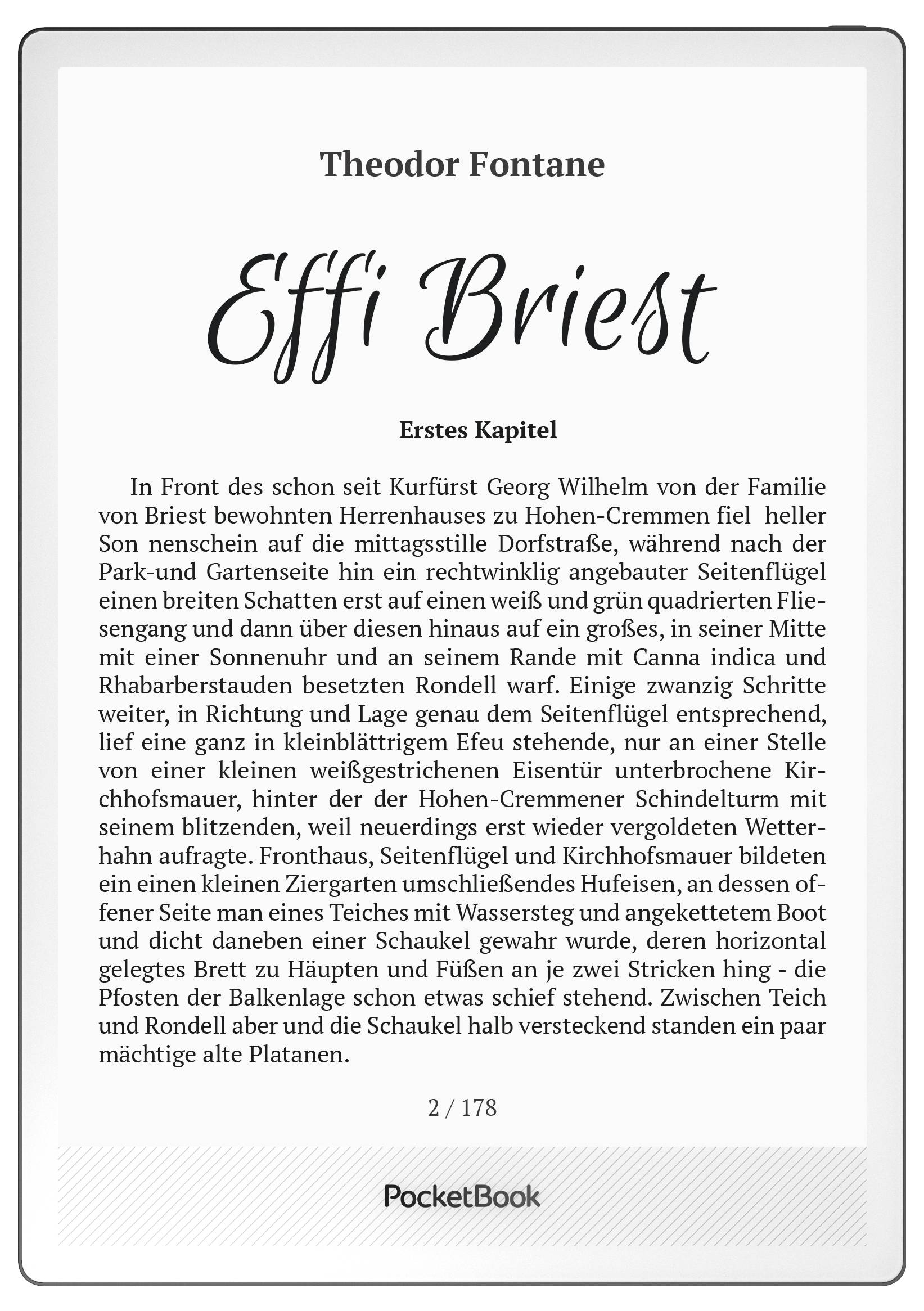 Page de livre électronique affichant le titre « Effi Briest » de Theodor Fontane, « Premier Chapitre » et le texte allemand d'ouverture sur une liseuse PocketBook.