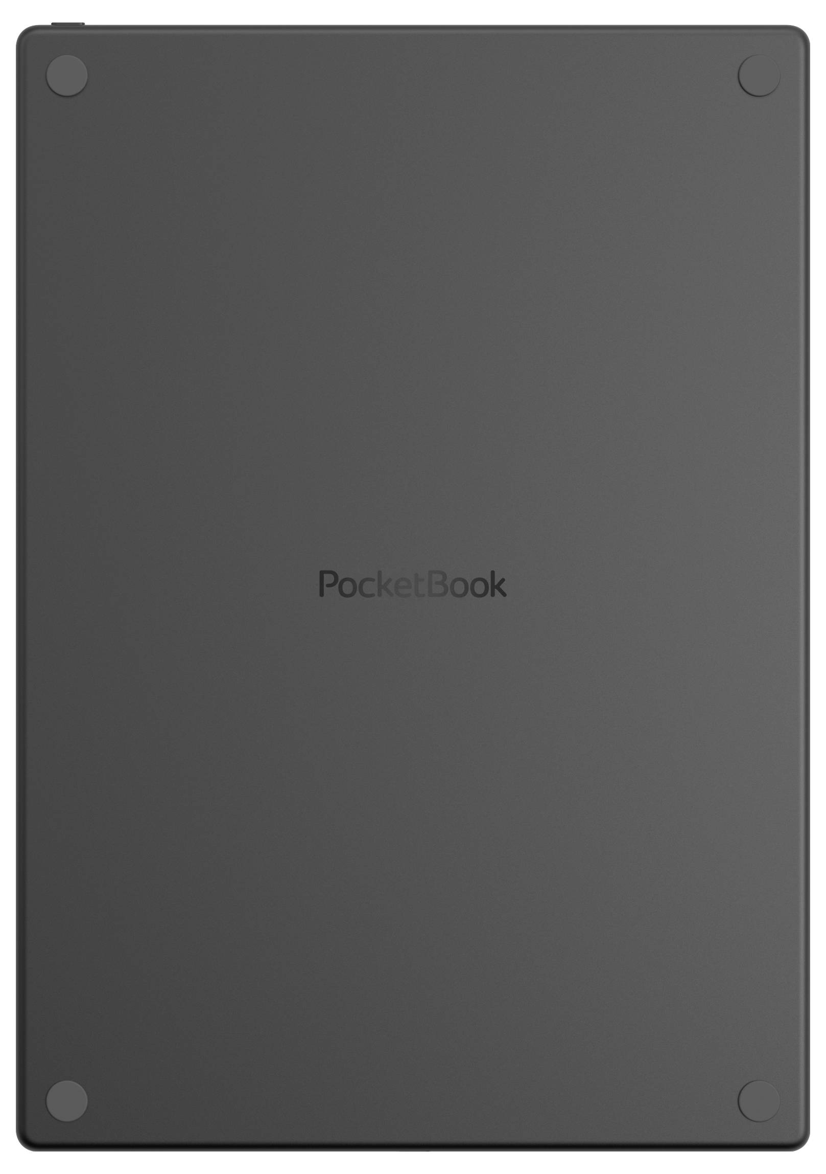 Vue arrière d'une liseuse électronique PocketBook grise avec quatre pare-chocs aux angles et logo « PocketBook » centré.