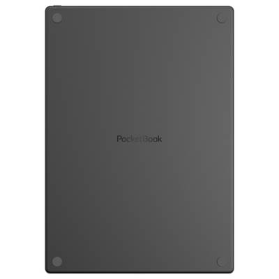 Vue arrière d'une liseuse électronique PocketBook grise avec quatre pare-chocs aux angles et logo « PocketBook » centré.