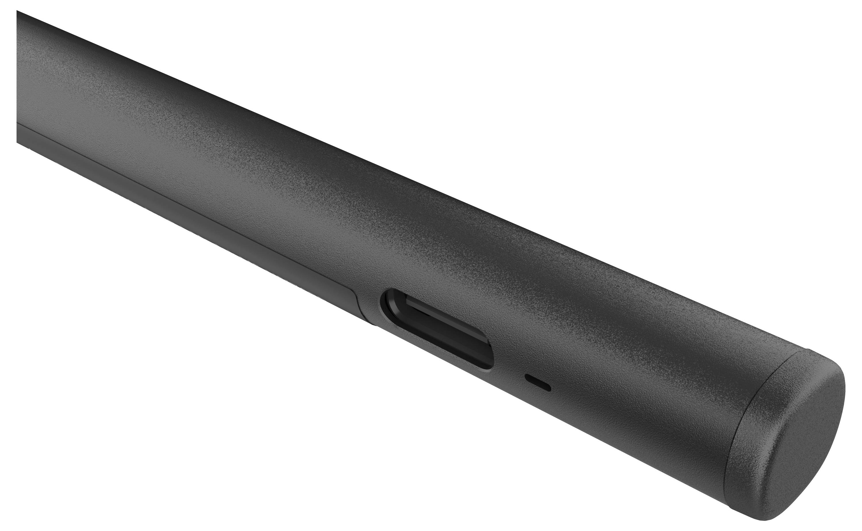 Appareil électronique cylindrique noir avec un port de recharge USB-C encastré et un petit orifice indicateur sur le côté.