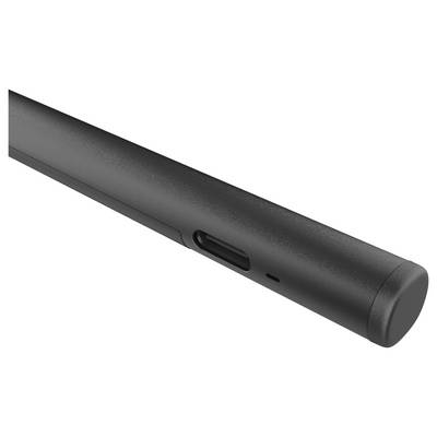 Appareil électronique cylindrique noir avec un port de recharge USB-C encastré et un petit orifice indicateur sur le côté.
